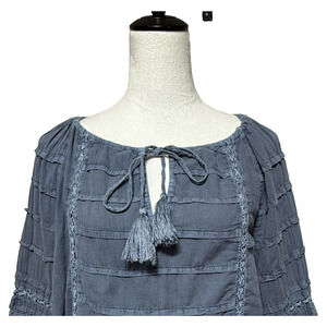 Sundance Top Womens Medium Petite Blue Long Balloon Sleeve Boho Tiered Tassels